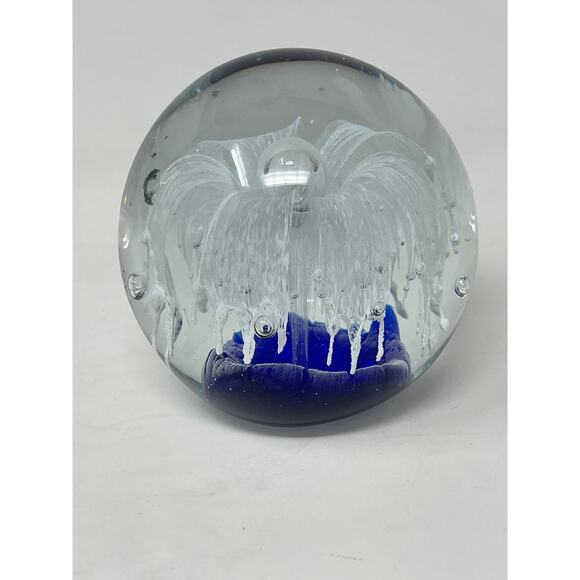 Hand Blown Art Glass Paperweight Flower Large Cobalt Blue Bubble - Picture 8 of 11